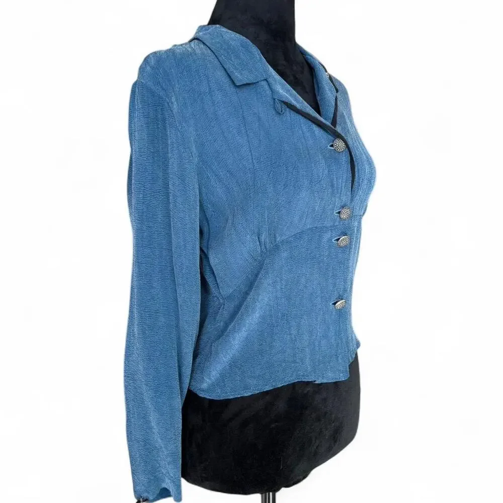 90s Blue Button Up Blouse – minimalist sculptural cut top M - Picture 6 of 8